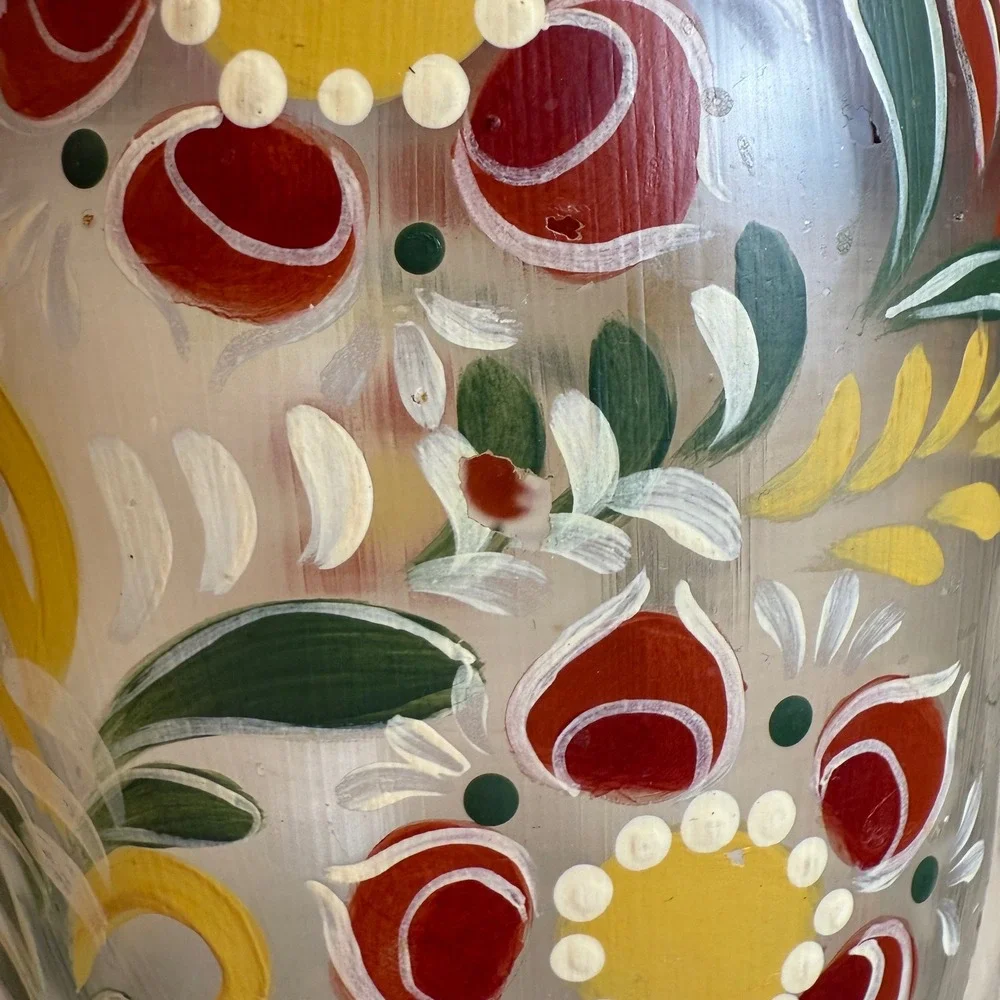 Vintage‎ 1982 Luppino Hand Painted Floral Glass Canister 1.5L Wire Bale Jar